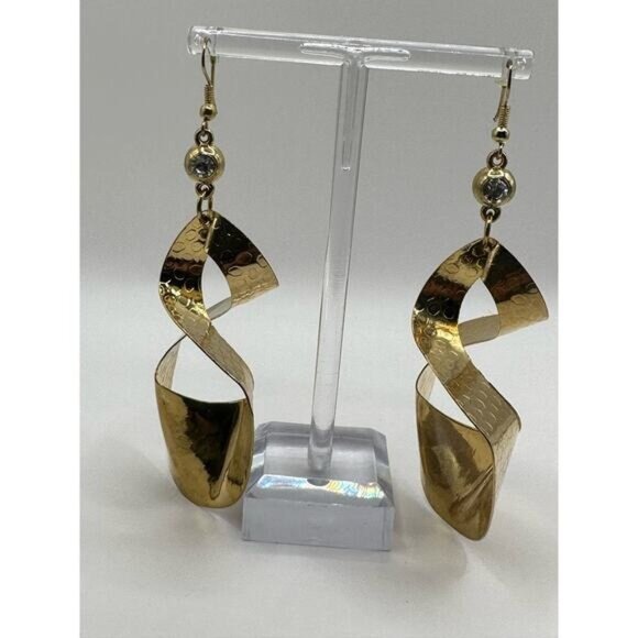 Gold-Tone Spiral Dangle Earrings With Textured Hammered Design - Picture 1 of 6